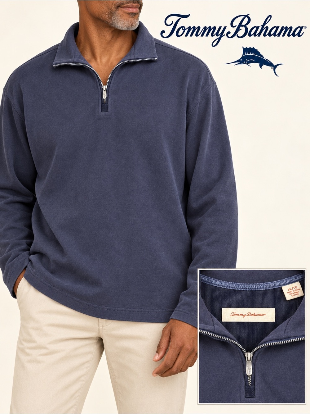 Tommy Bahama Navy Blue 100% Pima Cotton Half-Zip Pullover Sweater XL